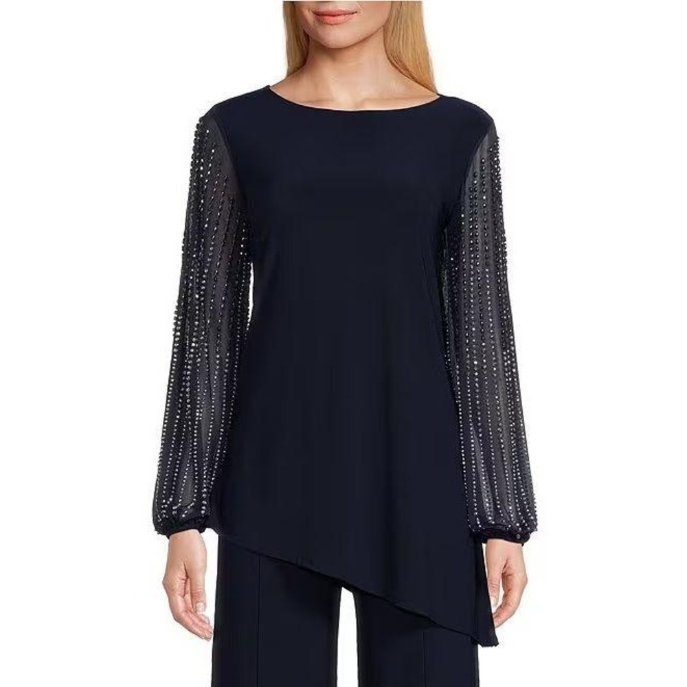 NWT Marina Boat Neck Embellished Chiffon Long Sleeve Asymmetrical Hem